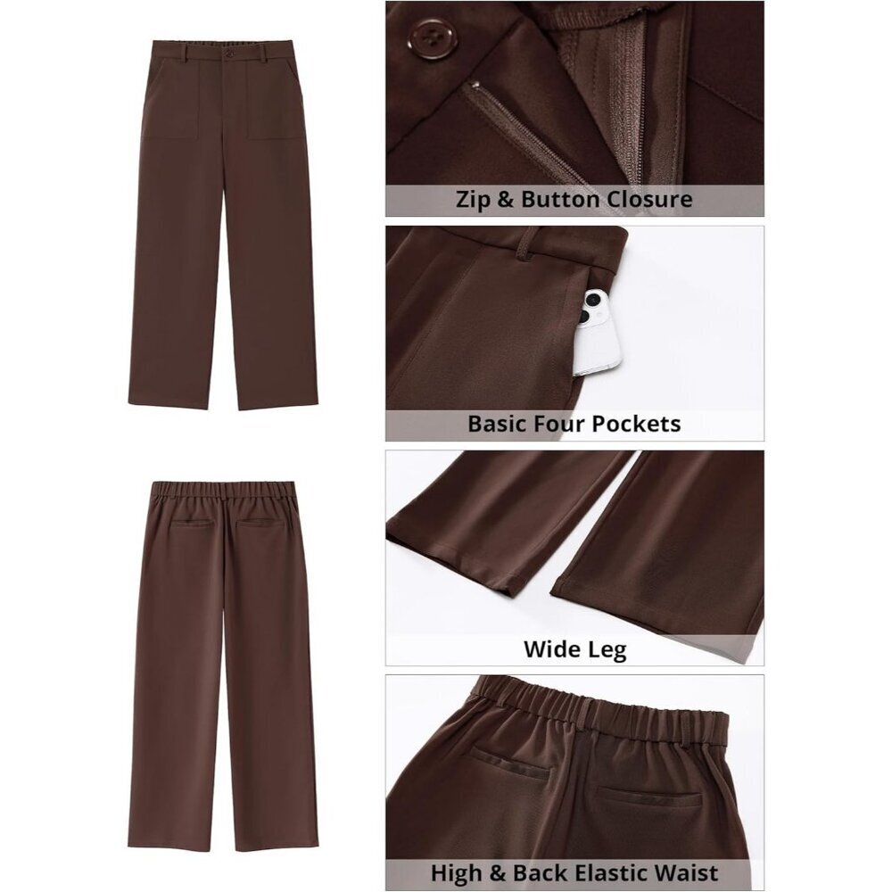 Women's Chocolate Brown Polyester High Waisted Elastic Wide Leg Dress Pant - Picture 6 of 7